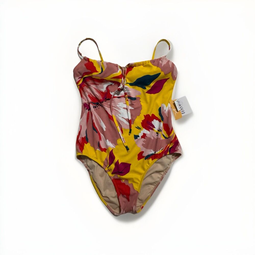Kona Sol Yellow Floral Bright One Piece Swimsuit Size XL 16 18